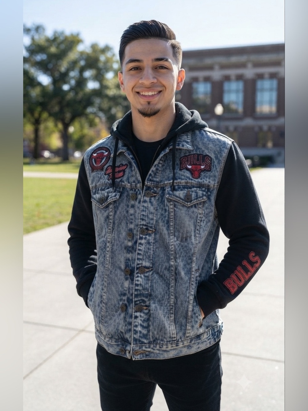 Chicago Bulls NBA Denim Jacket Hoodie Medium Embroidered Patches